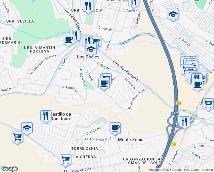 map of restaurants, bars, coffee shops, grocery stores, and more near 9 Avenida Cartagena in Orihuela
