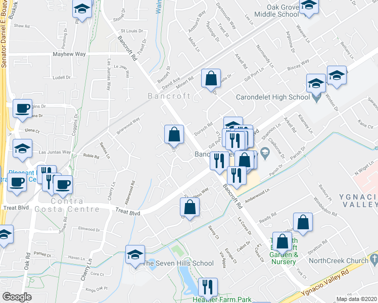 map of restaurants, bars, coffee shops, grocery stores, and more near 1692 Countrywood Court in Walnut Creek
