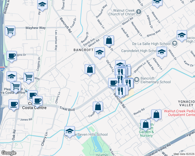 map of restaurants, bars, coffee shops, grocery stores, and more near 1692 Countrywood Court in Walnut Creek