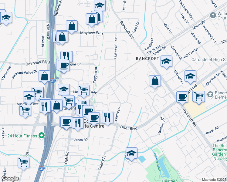 map of restaurants, bars, coffee shops, grocery stores, and more near 2976 Santos Lane in Walnut Creek