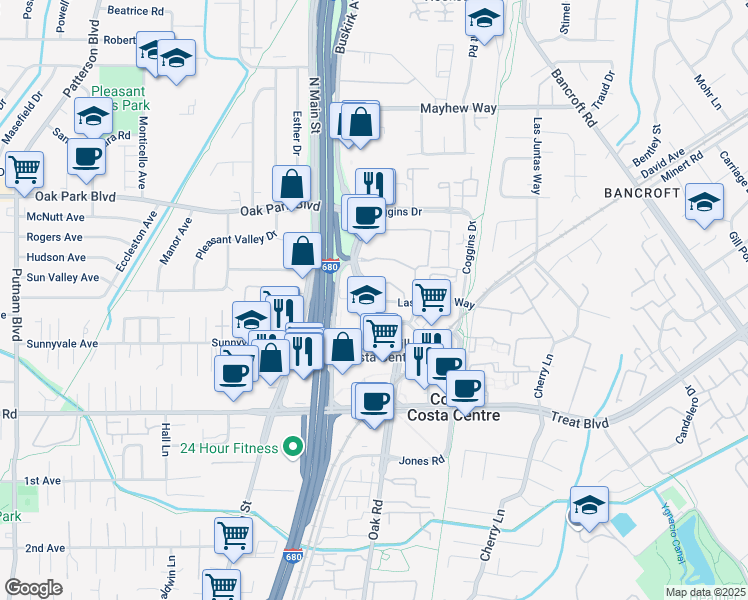 map of restaurants, bars, coffee shops, grocery stores, and more near 3100 Oak Road in Walnut Creek