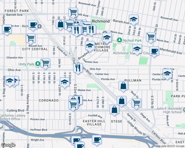 map of restaurants, bars, coffee shops, grocery stores, and more near 2610 Center Avenue in Richmond