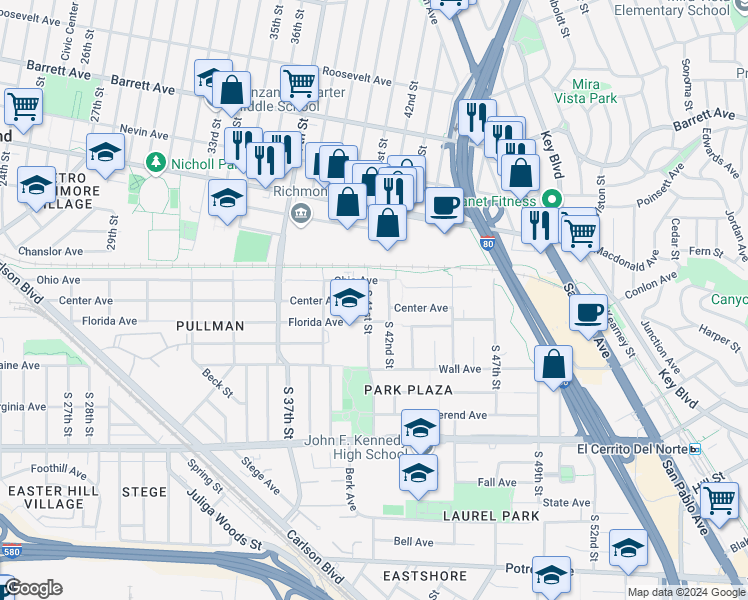 map of restaurants, bars, coffee shops, grocery stores, and more near 134 South 41st Street in Richmond