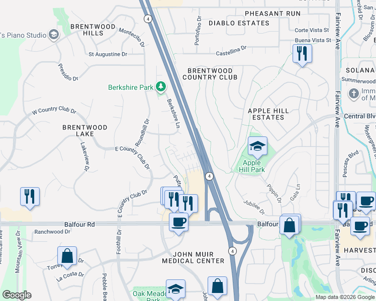 map of restaurants, bars, coffee shops, grocery stores, and more near 388 Wentworth Court in Brentwood