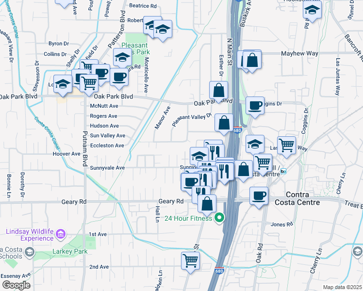 map of restaurants, bars, coffee shops, grocery stores, and more near 168 Vía Del Sol in Walnut Creek