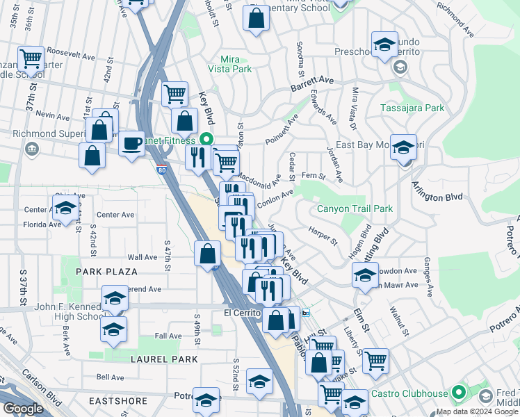 map of restaurants, bars, coffee shops, grocery stores, and more near 6360 Conlon Avenue in El Cerrito