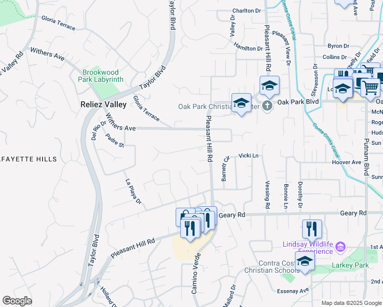 map of restaurants, bars, coffee shops, grocery stores, and more near 3123 Teigland Road in Lafayette