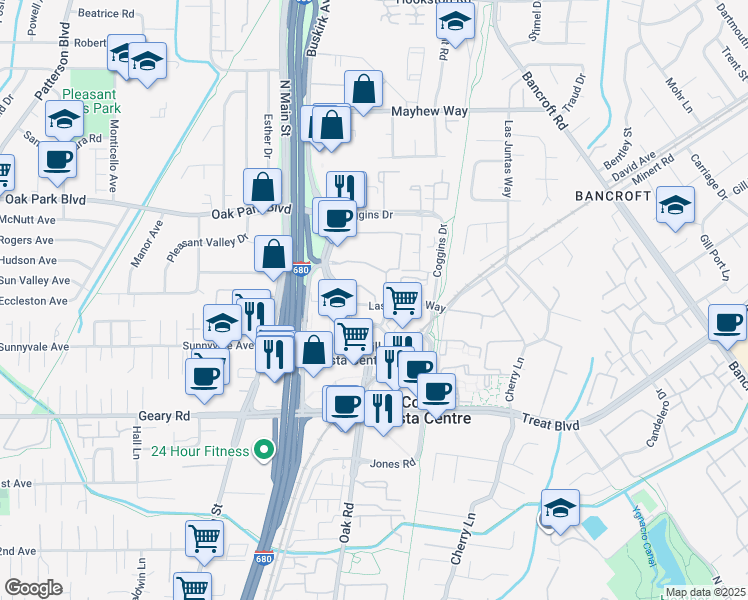 map of restaurants, bars, coffee shops, grocery stores, and more near 1346 Las Juntas Way in Walnut Creek