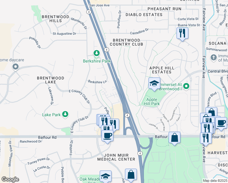 map of restaurants, bars, coffee shops, grocery stores, and more near 2135 Prato Street in Brentwood