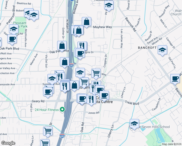 map of restaurants, bars, coffee shops, grocery stores, and more near 1340 Las Juntas Way in Walnut Creek