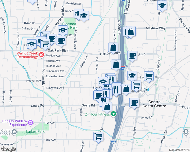 map of restaurants, bars, coffee shops, grocery stores, and more near 171 Vía Del Sol in Walnut Creek