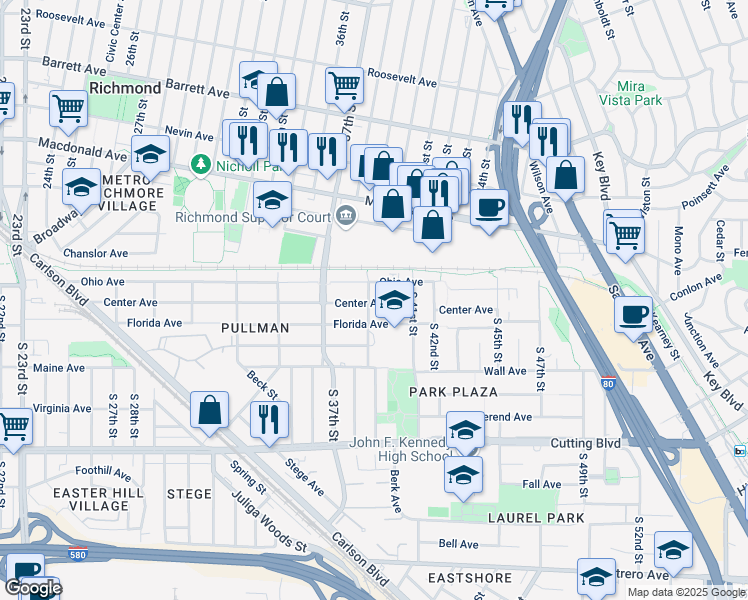 map of restaurants, bars, coffee shops, grocery stores, and more near 120 South 39th Street in Richmond
