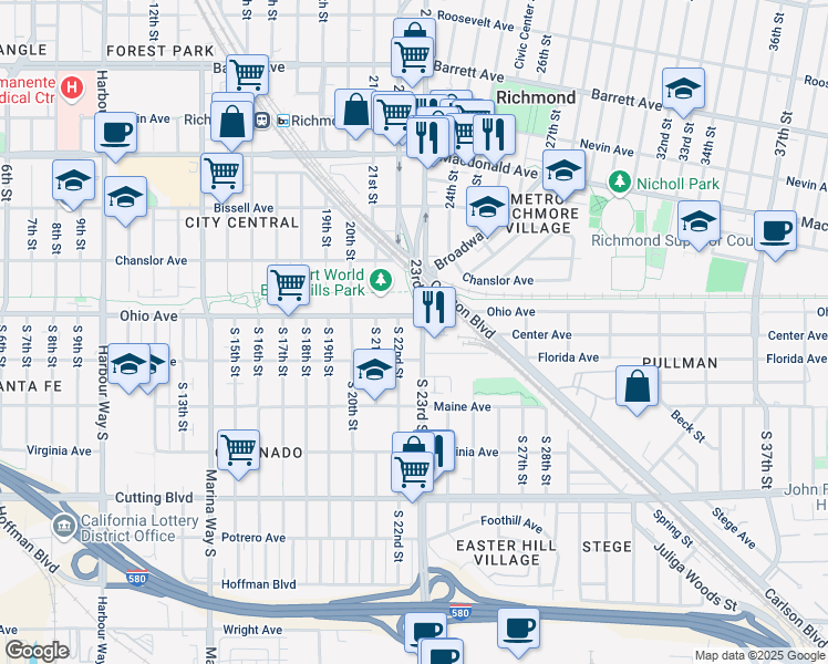 map of restaurants, bars, coffee shops, grocery stores, and more near 110 South 23rd Street in Richmond
