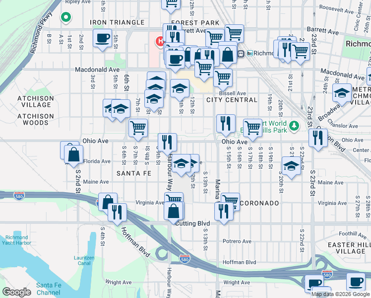 map of restaurants, bars, coffee shops, grocery stores, and more near 1200 Ohio Avenue in Richmond