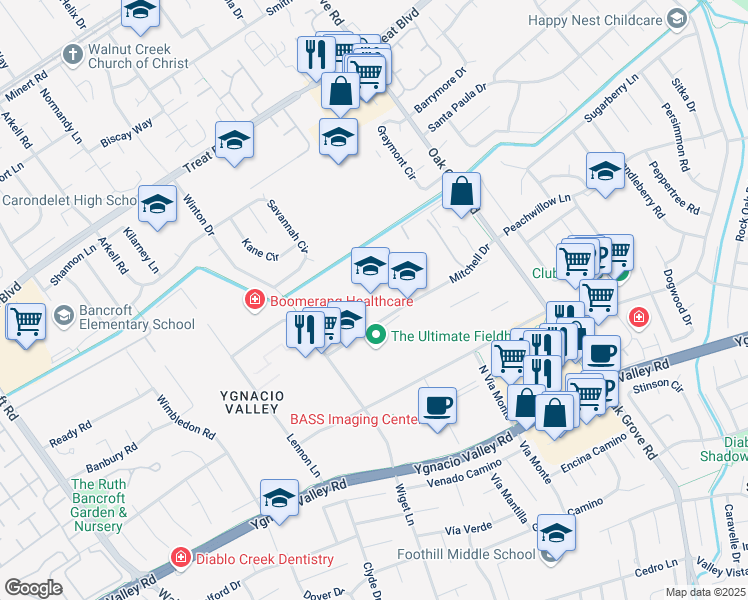 map of restaurants, bars, coffee shops, grocery stores, and more near 2730 Mitchell Drive in Walnut Creek