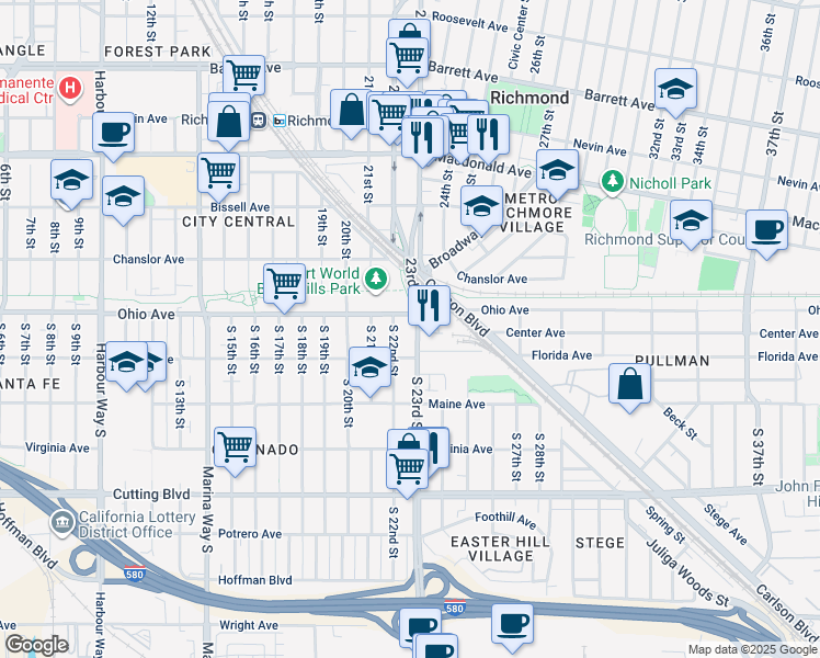 map of restaurants, bars, coffee shops, grocery stores, and more near 110 South 23rd Street in Richmond