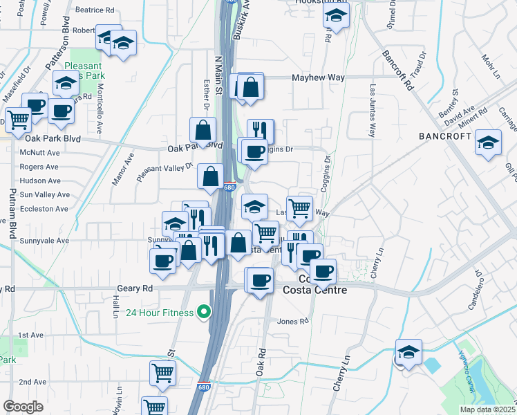 map of restaurants, bars, coffee shops, grocery stores, and more near 3055 Oak Road in Walnut Creek