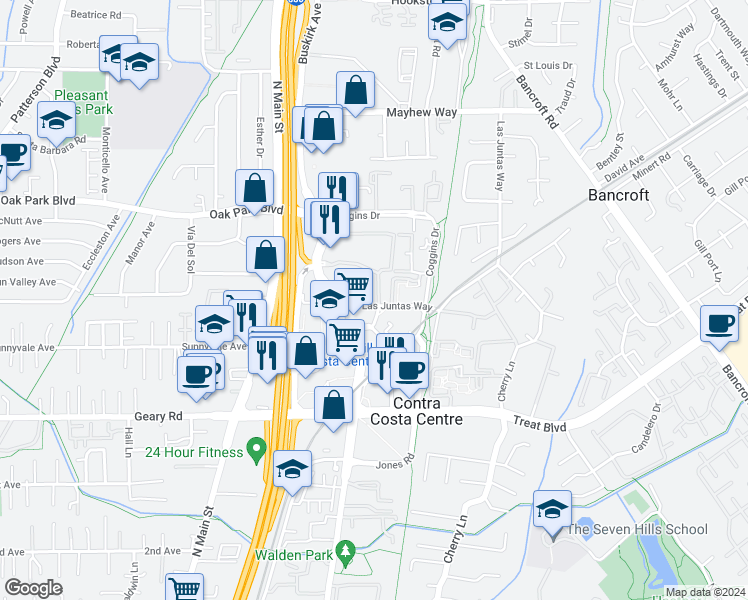 map of restaurants, bars, coffee shops, grocery stores, and more near 1340 Las Juntas Way in Walnut Creek