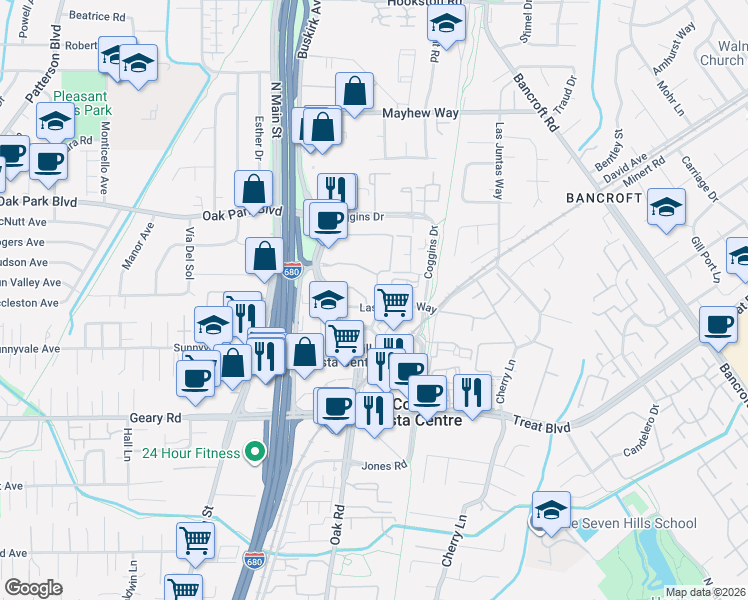 map of restaurants, bars, coffee shops, grocery stores, and more near 1340 Las Juntas Way in Walnut Creek