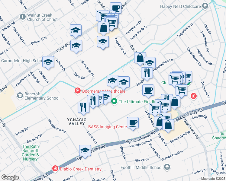 map of restaurants, bars, coffee shops, grocery stores, and more near 2730 Mitchell Drive in Walnut Creek