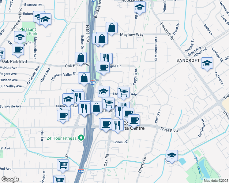 map of restaurants, bars, coffee shops, grocery stores, and more near 1346 Las Juntas Way in Walnut Creek