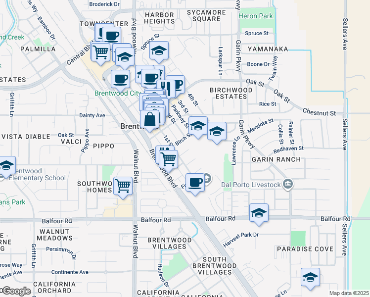map of restaurants, bars, coffee shops, grocery stores, and more near 217 Delta Avenue in Brentwood