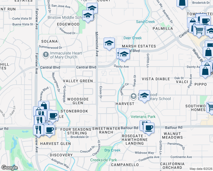 map of restaurants, bars, coffee shops, grocery stores, and more near 665 Valley Green Drive in Brentwood