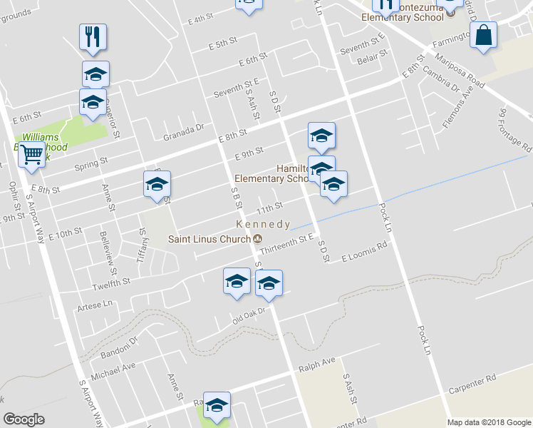 map of restaurants, bars, coffee shops, grocery stores, and more near 2060 East 11th Street in Stockton