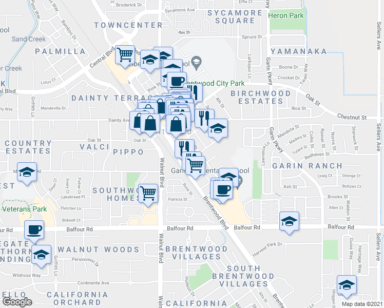map of restaurants, bars, coffee shops, grocery stores, and more near 319 Birch Street in Brentwood