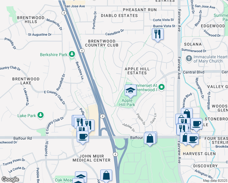 map of restaurants, bars, coffee shops, grocery stores, and more near 420 Central Park Place in Brentwood