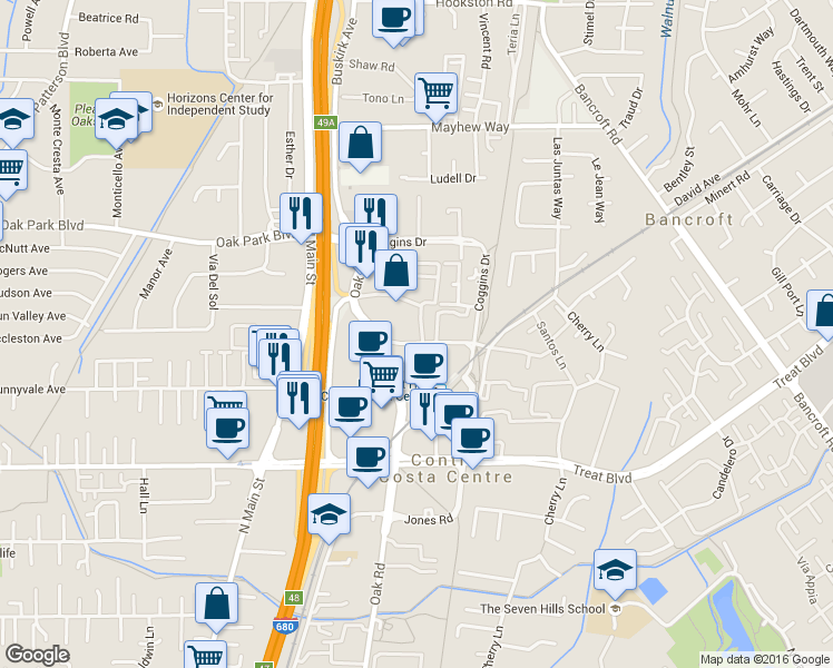 map of restaurants, bars, coffee shops, grocery stores, and more near 1340 Las Juntas Way in Walnut Creek