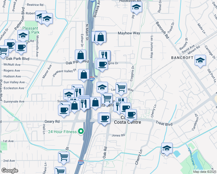 map of restaurants, bars, coffee shops, grocery stores, and more near 3100 Oak Road in Walnut Creek