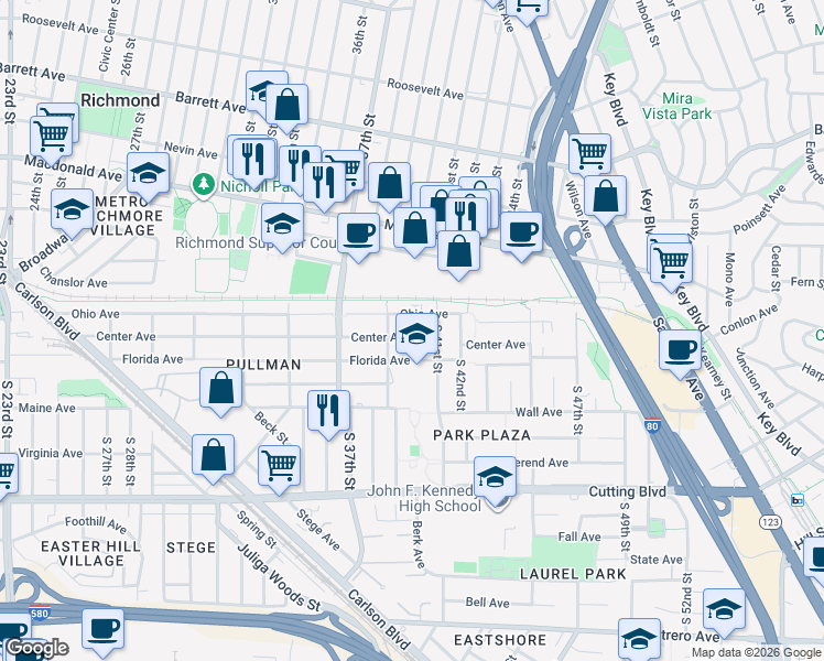 map of restaurants, bars, coffee shops, grocery stores, and more near 120 South 39th Street in Richmond