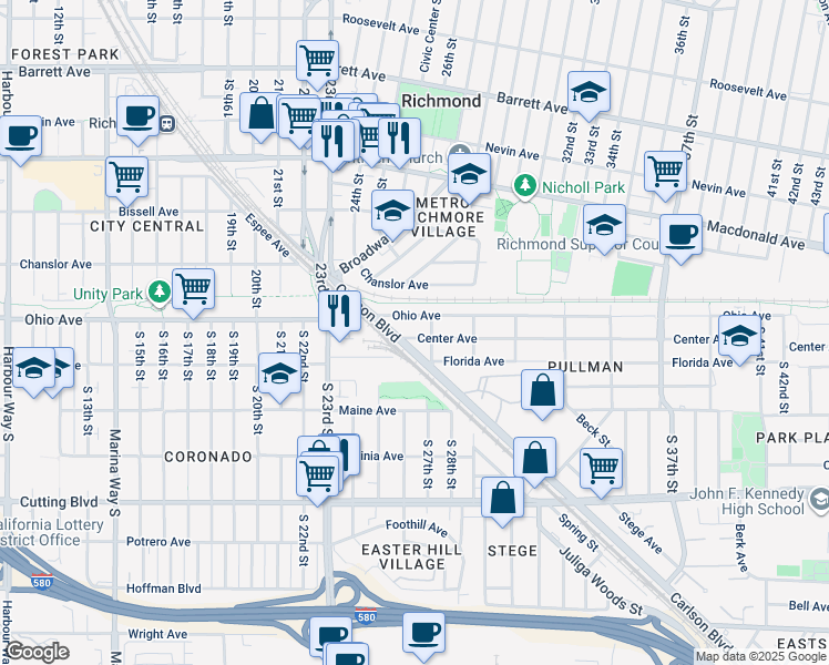 map of restaurants, bars, coffee shops, grocery stores, and more near 2520 Ohio Avenue in Richmond
