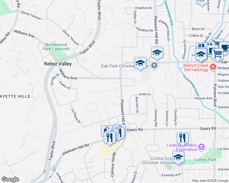 map of restaurants, bars, coffee shops, grocery stores, and more near 3123 Teigland Road in Lafayette