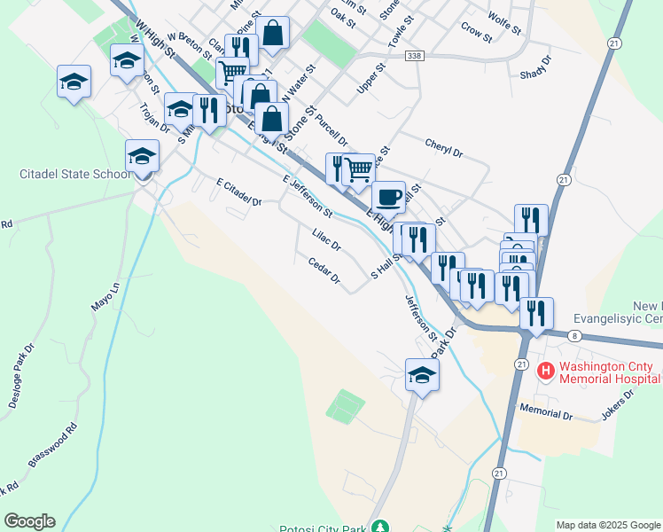 map of restaurants, bars, coffee shops, grocery stores, and more near 312 Cedar Drive in Potosi