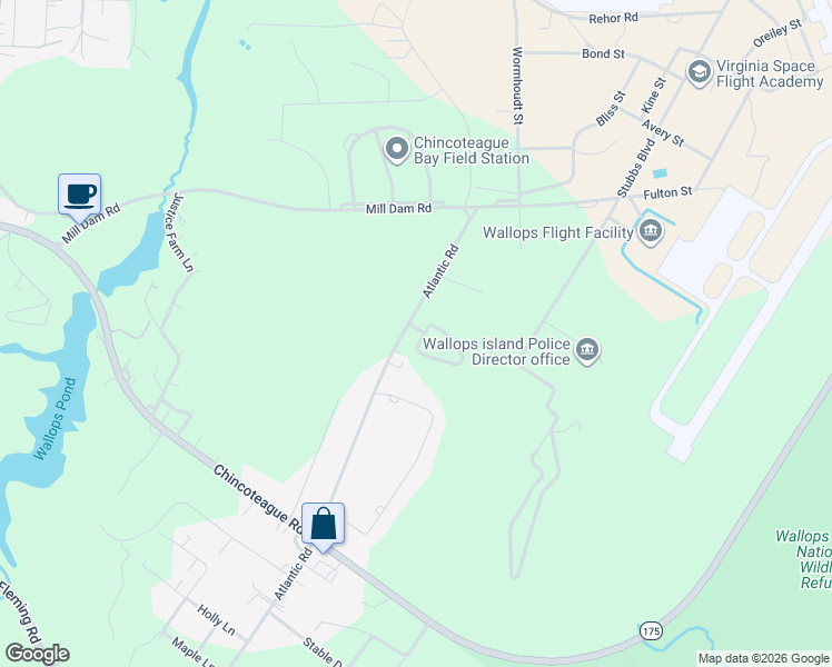 map of restaurants, bars, coffee shops, grocery stores, and more near 144 Blades Circle in Wallops Island