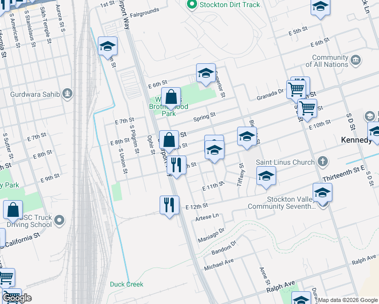 map of restaurants, bars, coffee shops, grocery stores, and more near 1517 Julian Street in Stockton