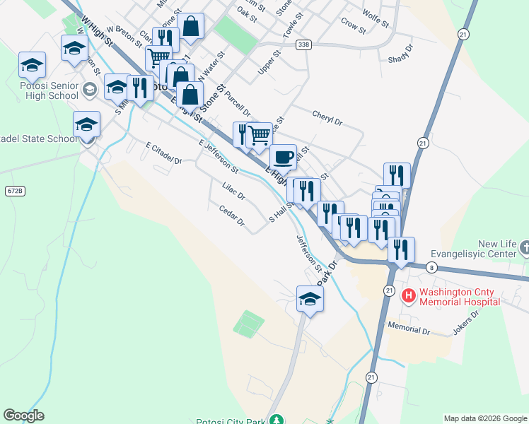 map of restaurants, bars, coffee shops, grocery stores, and more near 326 Lilac Drive in Potosi