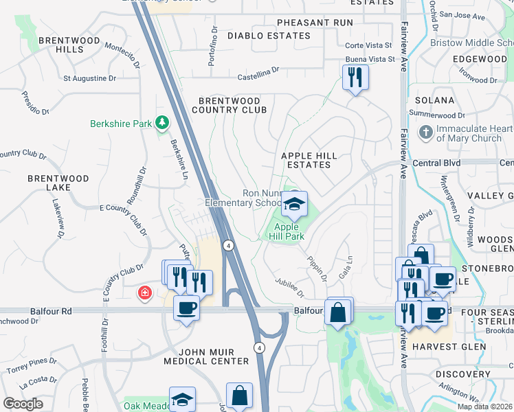 map of restaurants, bars, coffee shops, grocery stores, and more near 420 Central Park Place in Brentwood