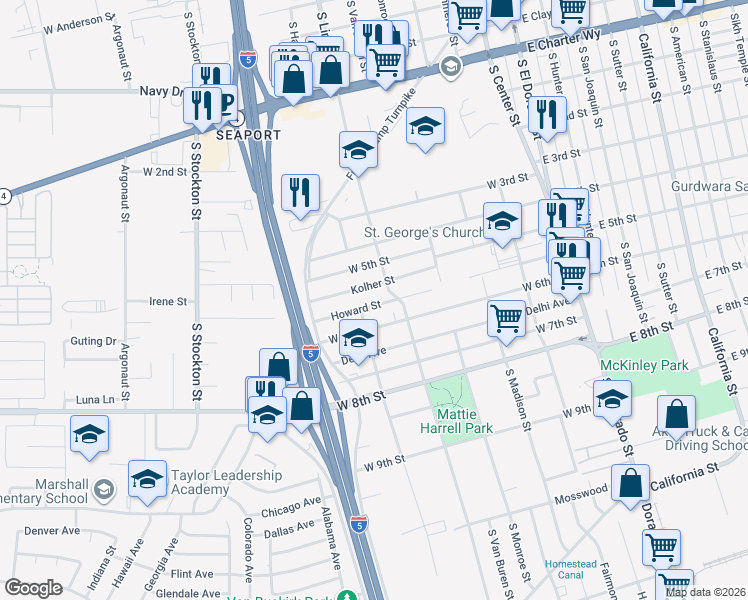 map of restaurants, bars, coffee shops, grocery stores, and more near 421 Howard Street in Stockton