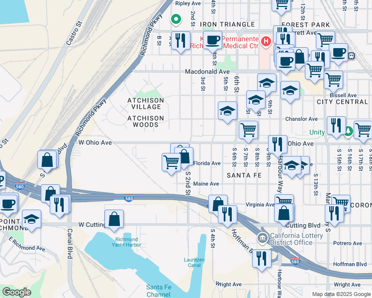 map of restaurants, bars, coffee shops, grocery stores, and more near 110 Ohio Avenue in Richmond
