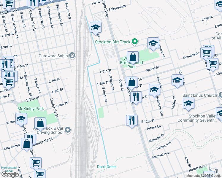 map of restaurants, bars, coffee shops, grocery stores, and more near 2243 S Pilgrim St in Stockton
