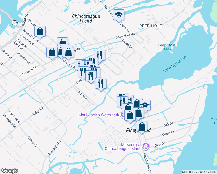 map of restaurants, bars, coffee shops, grocery stores, and more near 6372 Teal Lane in Chincoteague