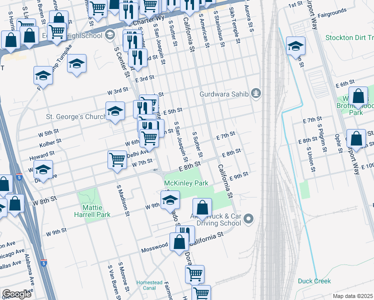 map of restaurants, bars, coffee shops, grocery stores, and more near 302 East 7th Street in Stockton