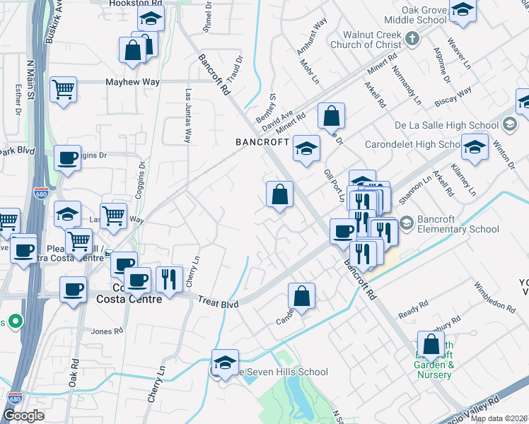 map of restaurants, bars, coffee shops, grocery stores, and more near 1889 Countrywood Court in Walnut Creek
