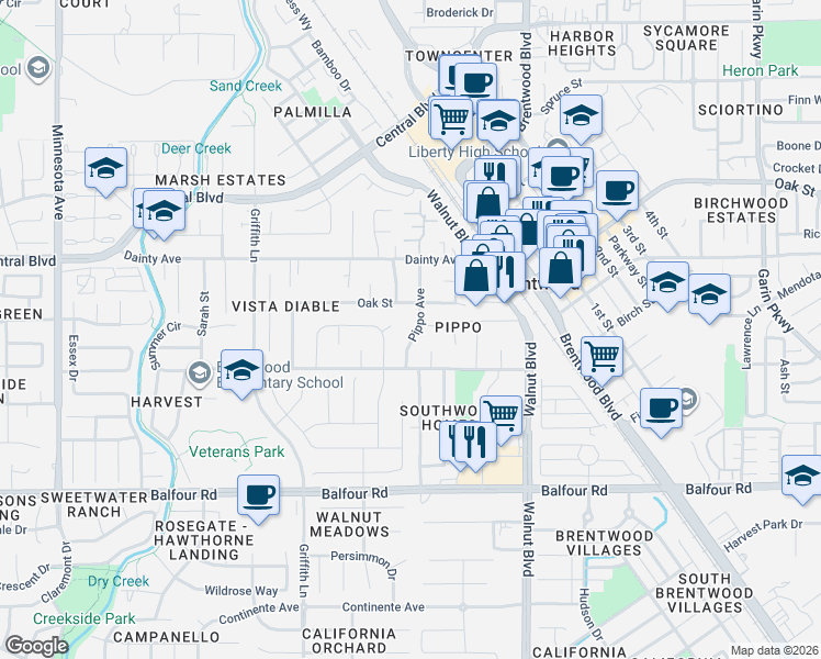 map of restaurants, bars, coffee shops, grocery stores, and more near 14 Canterbury Court in Brentwood