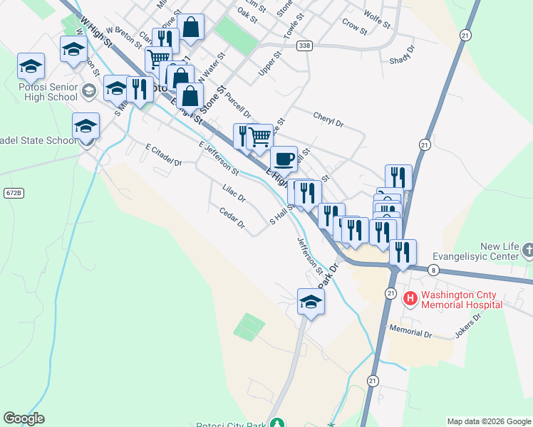 map of restaurants, bars, coffee shops, grocery stores, and more near 326 Lilac Drive in Potosi