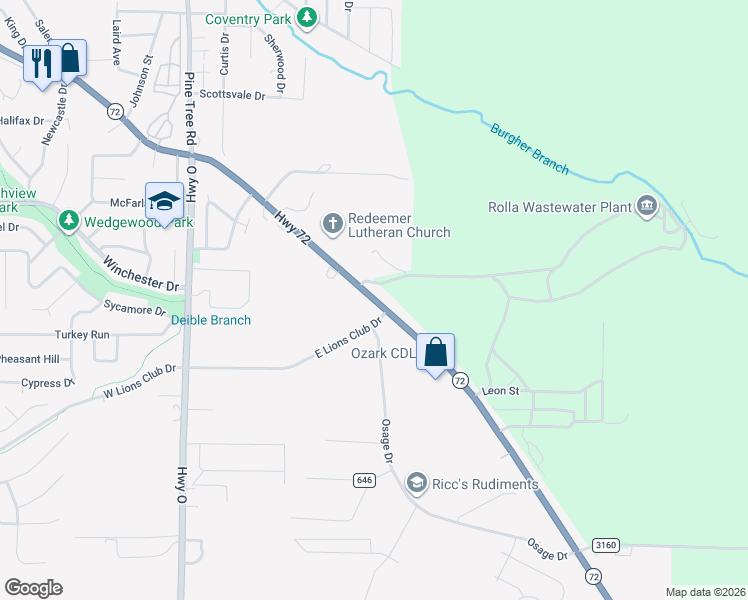 map of restaurants, bars, coffee shops, grocery stores, and more near in Rolla