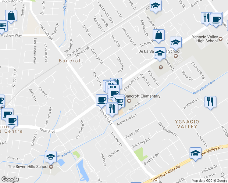 map of restaurants, bars, coffee shops, grocery stores, and more near 2074 Treat Blvd in Walnut Creek